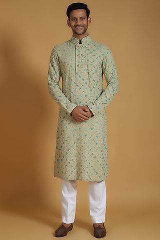 Green Lucknowi Fabric Chikankari Embroidered Kurta Set by The Man Project