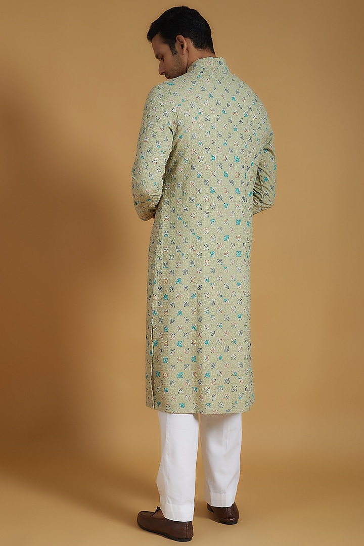 Green Lucknowi Fabric Chikankari Embroidered Kurta Set by The Man Project at Pernia's Pop Up Shop
