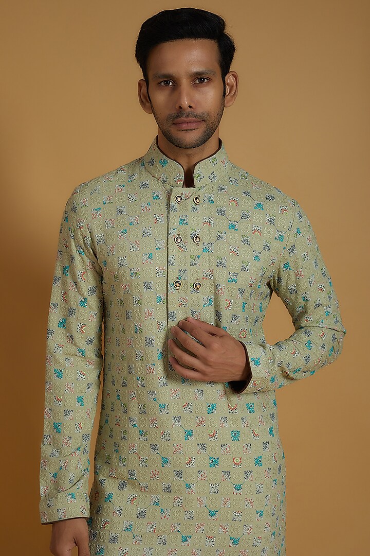 Green Lucknowi Fabric Chikankari Embroidered Kurta Set Design by The Man  Project at Pernia's Pop Up Shop 2024