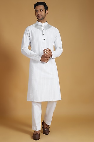 White Lucknowi Fabric Chikankari Embroidered Kurta Set by The Man Project