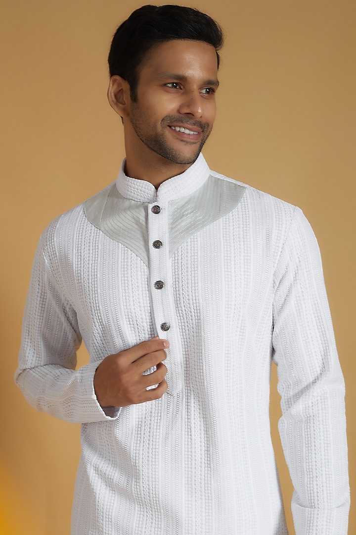 White Lucknowi Fabric Chikankari Embroidered Kurta Set by The Man Project at Pernia's Pop Up Shop