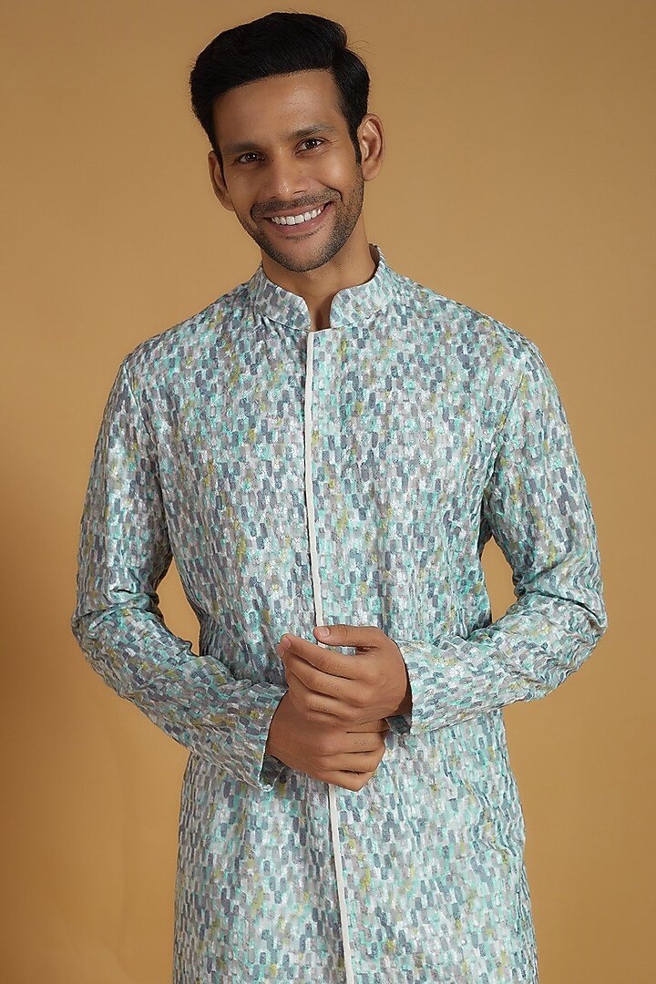 Grey Lucknowi Fabric Chikankari Embroidered Kurta Set by The Man Project at Pernia's Pop Up Shop
