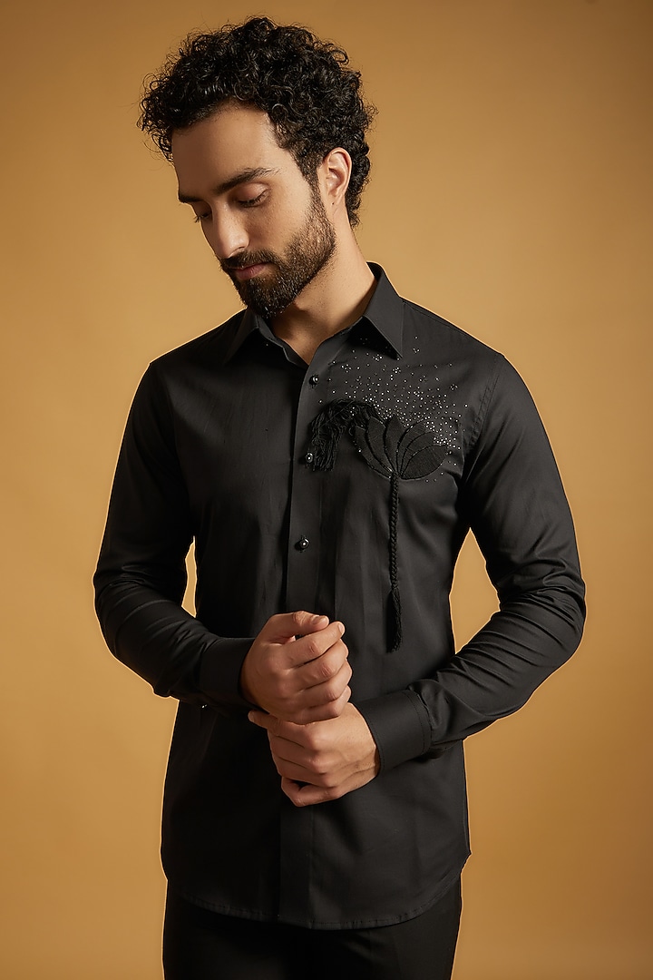 Black Giza Cotton Party Wear Shirt by The Man Project at Pernia's Pop Up Shop