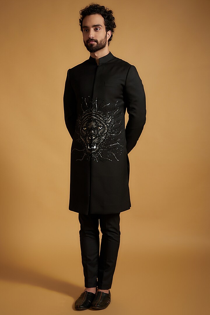 Black Merino Wool Tiger Embroidered Sherwani Set by The Man Project