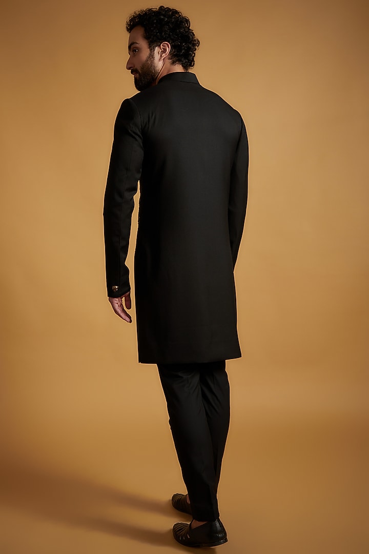 Black Merino Wool Tiger Embroidered Wedding Sherwani Set by The Man Project at Pernia's Pop Up Shop