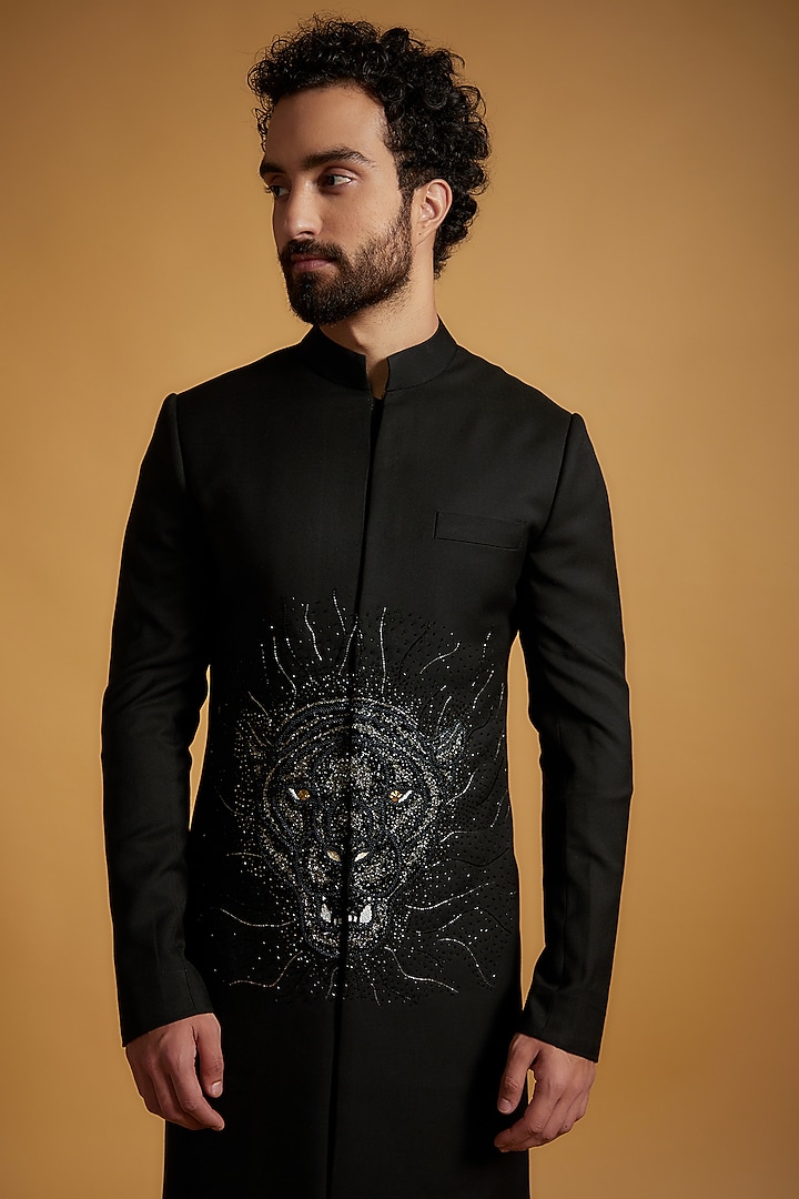 Black Merino Wool Tiger Embroidered Wedding Sherwani Set by The Man Project at Pernia's Pop Up Shop
