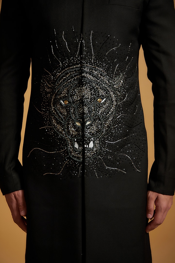 Black Merino Wool Tiger Embroidered Wedding Sherwani Set by The Man Project at Pernia's Pop Up Shop