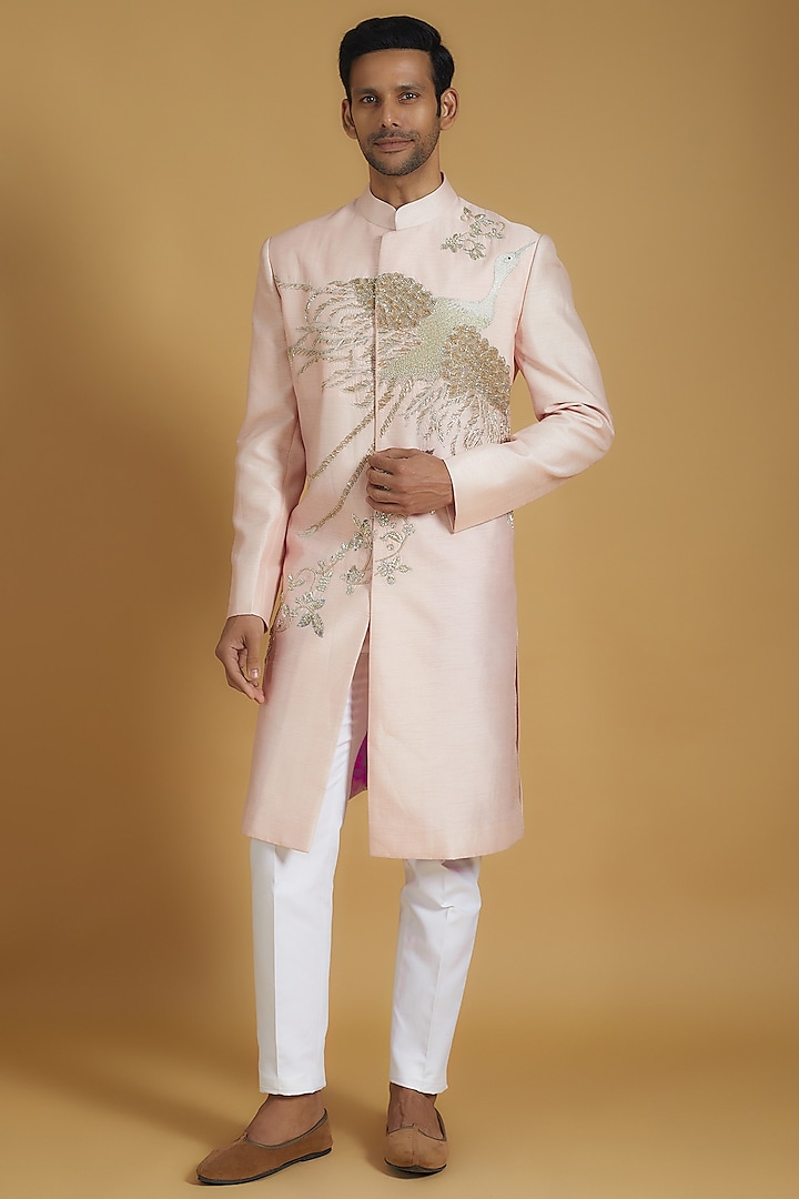 Pastel Pink Linen Silk Hand Embroidered Sherwani Set by The Man Project