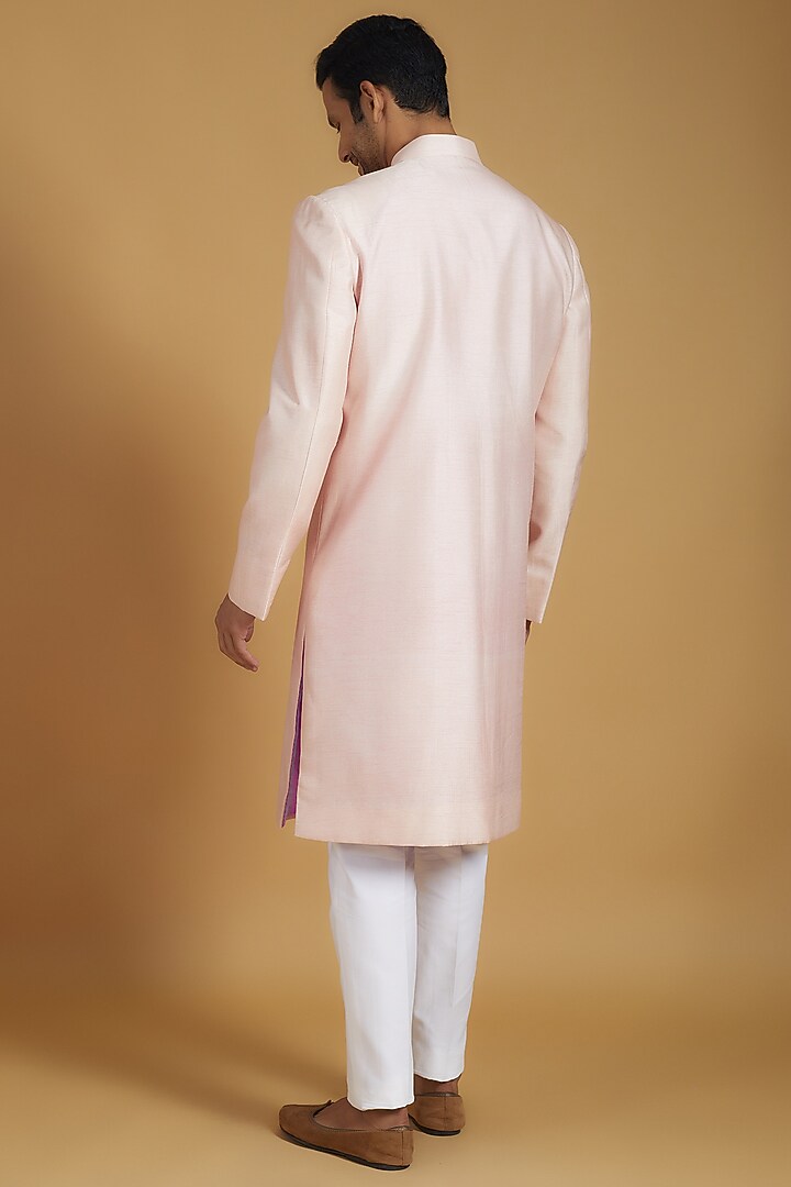 Pastel Pink Linen Silk Hand Embroidered Wedding Sherwani Set by The Man Project at Pernia's Pop Up Shop