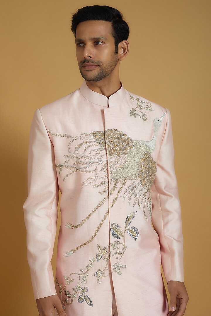 Pastel Pink Linen Silk Hand Embroidered Wedding Sherwani Set by The Man Project at Pernia's Pop Up Shop