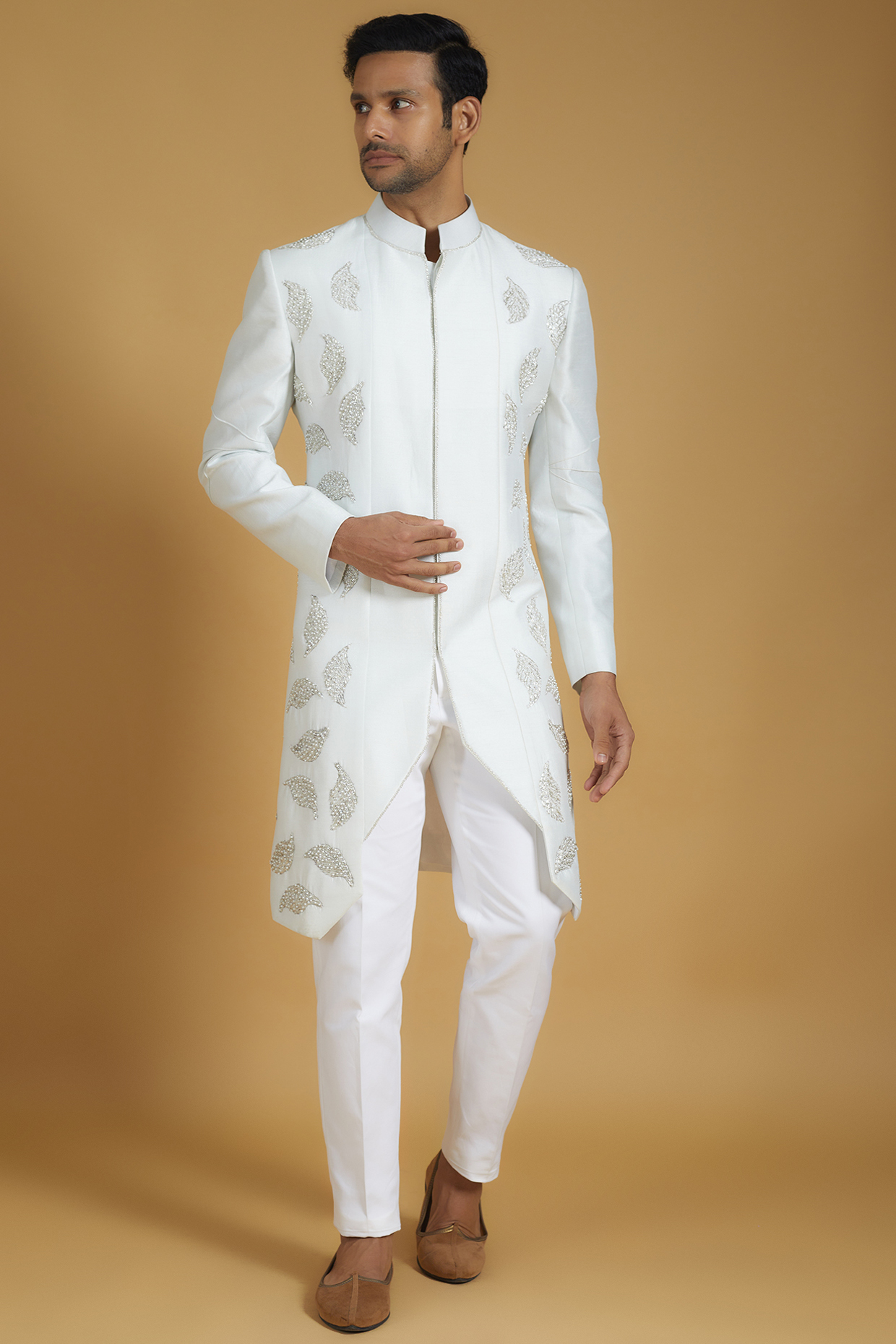 White Linen Silk Leaf Embroidered Wedding Indowestern Jacket Set by The Man Project at Pernia's Pop Up Shop