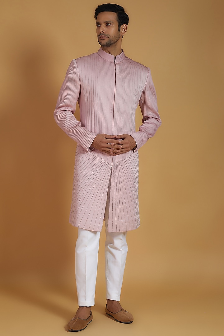 Pastel Pink Linen Silk Hand Embellished Sherwani Set by The Man Project