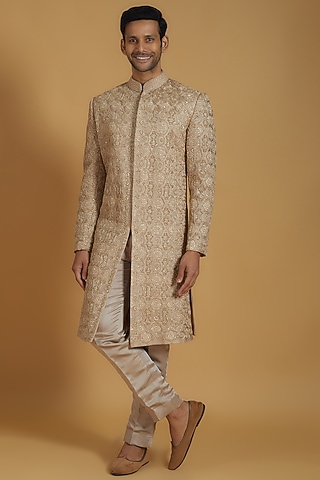 Gold Linen Silk Thread Embroidered Sherwani Set by The Man Project