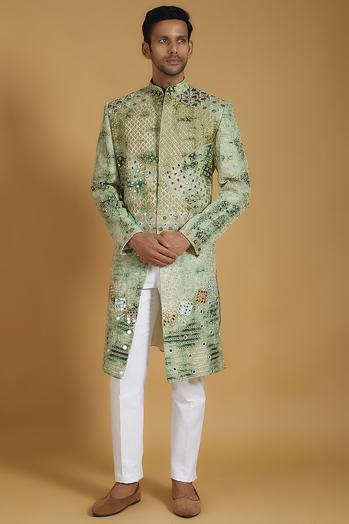 Green Linen Silk Tie-Dyed Sherwani Set by The Man Project