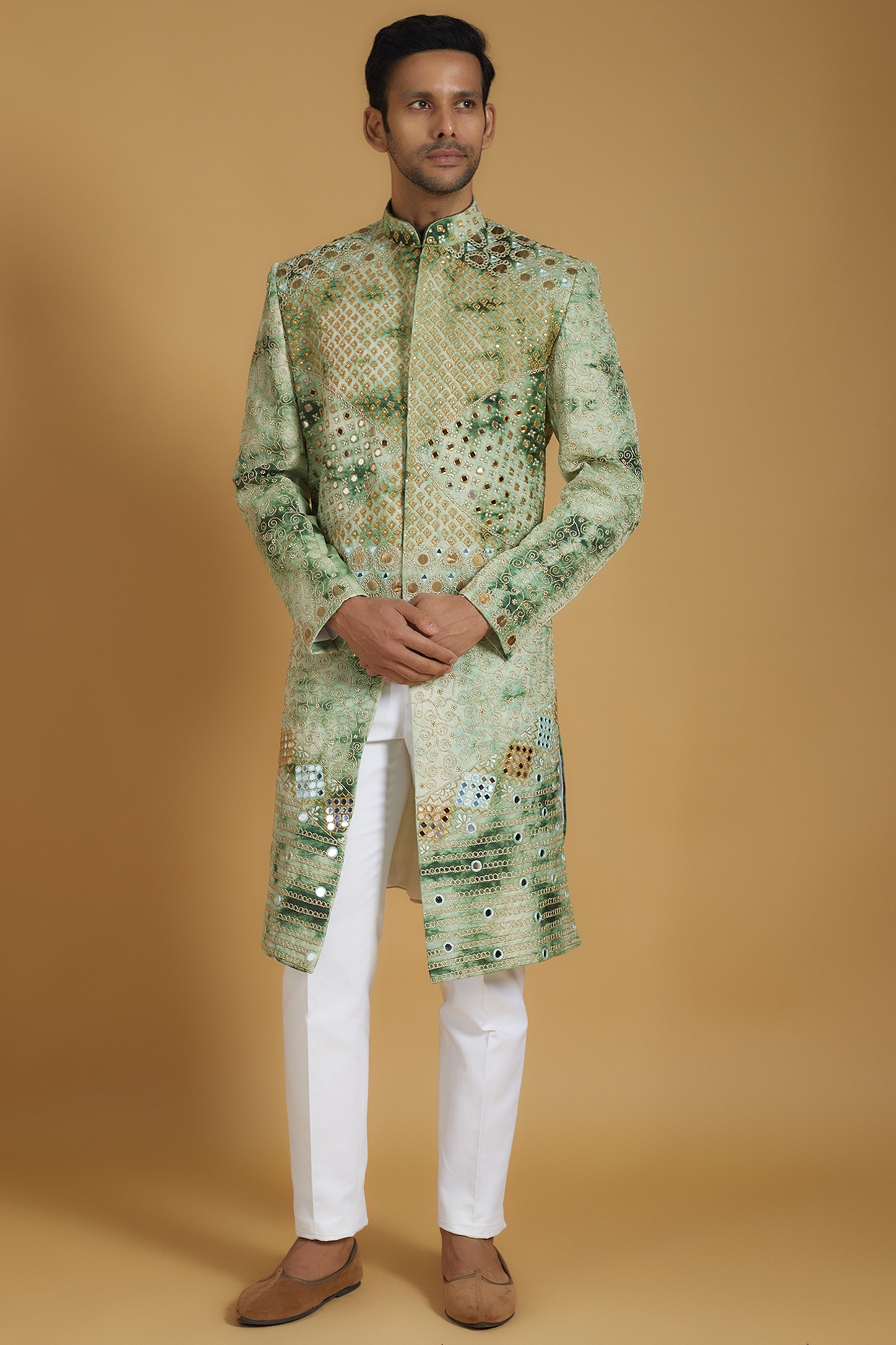 Green Linen Silk Tie-Dyed Sherwani Set by The Man Project