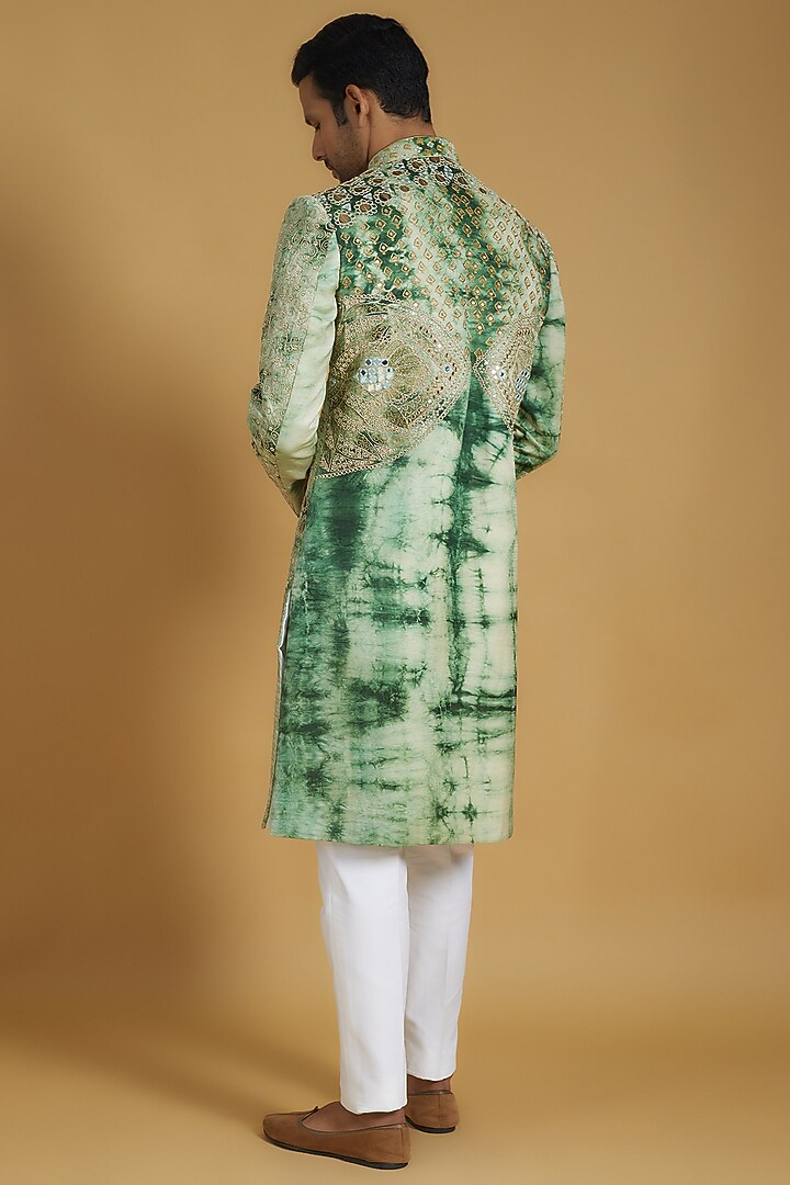 Green Linen Silk Tie-Dyed Groom Sherwani Set by The Man Project at Pernia's Pop Up Shop