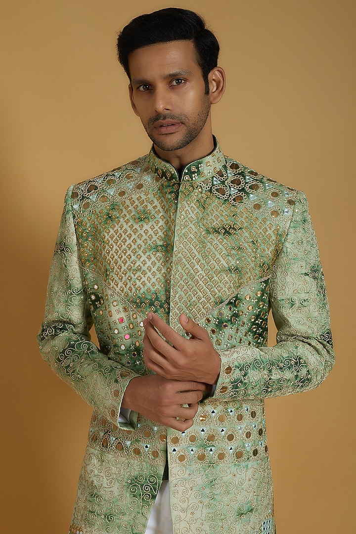 Green Linen Silk Tie-Dyed Groom Sherwani Set by The Man Project at Pernia's Pop Up Shop