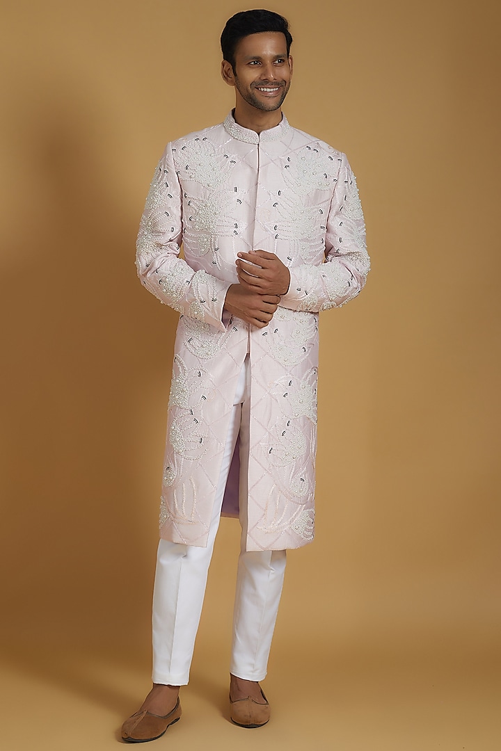 Pastel Pink Linen Silk Pearl Embroidered Sherwani Set by The Man Project