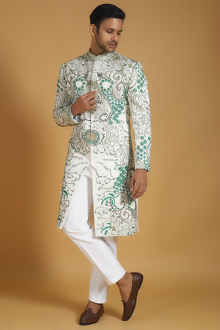 White Linen Silk French Knot Embroidered Sherwani Set by The Man Project