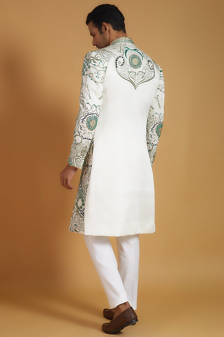 White Linen Silk French Knot Embroidered Groom Sherwani Set by The Man Project at Pernia's Pop Up Shop