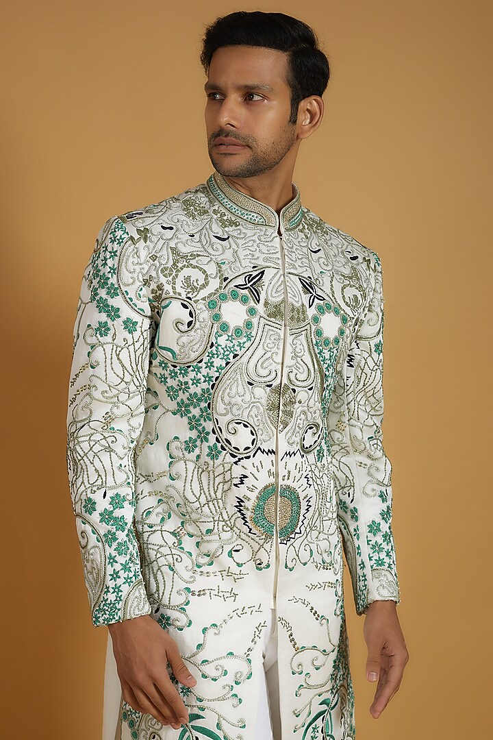 White Linen Silk French Knot Embroidered Groom Sherwani Set by The Man Project at Pernia's Pop Up Shop