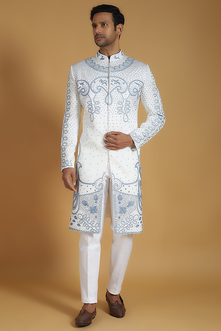 White Linen Silk Thread Embroidered Sherwani Set by The Man Project