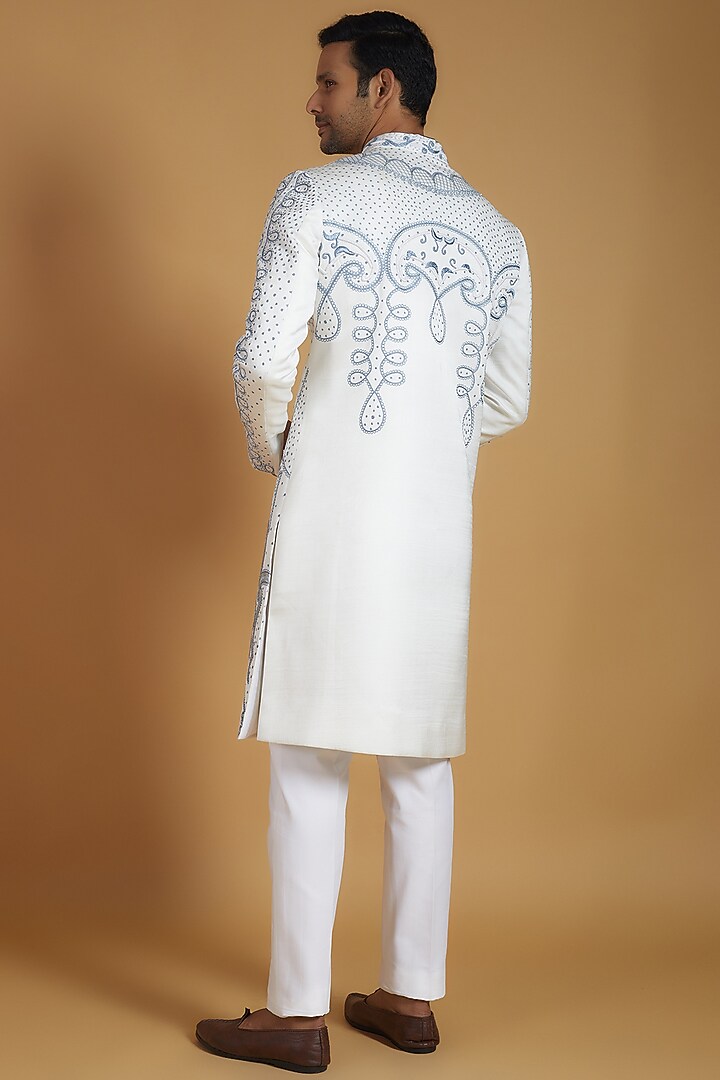 White Linen Silk Thread Embroidered Groom Sherwani Set by The Man Project at Pernia's Pop Up Shop