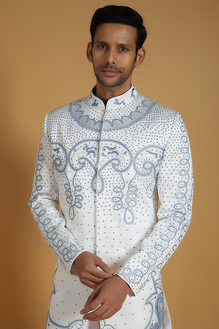 White Linen Silk Thread Embroidered Groom Sherwani Set by The Man Project at Pernia's Pop Up Shop