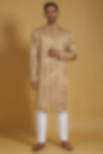 Gold Linen Silk Motif Embroidered Sherwani Set by The Man Project