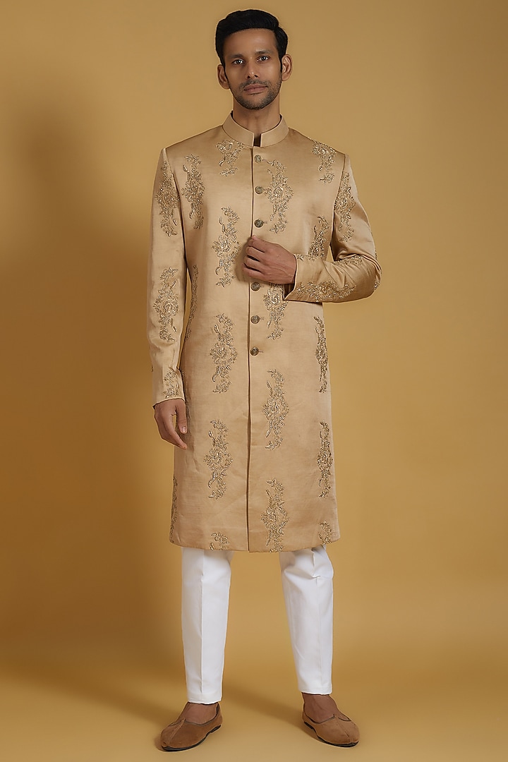 Gold Linen Silk Motif Embroidered Sherwani Set by The Man Project