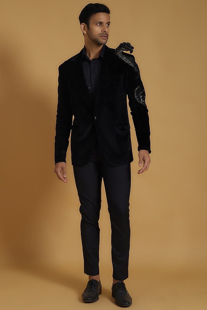 Black Velvet Applique Embroidered Tuxedo Jacket by The Man Project at Pernia's Pop Up Shop