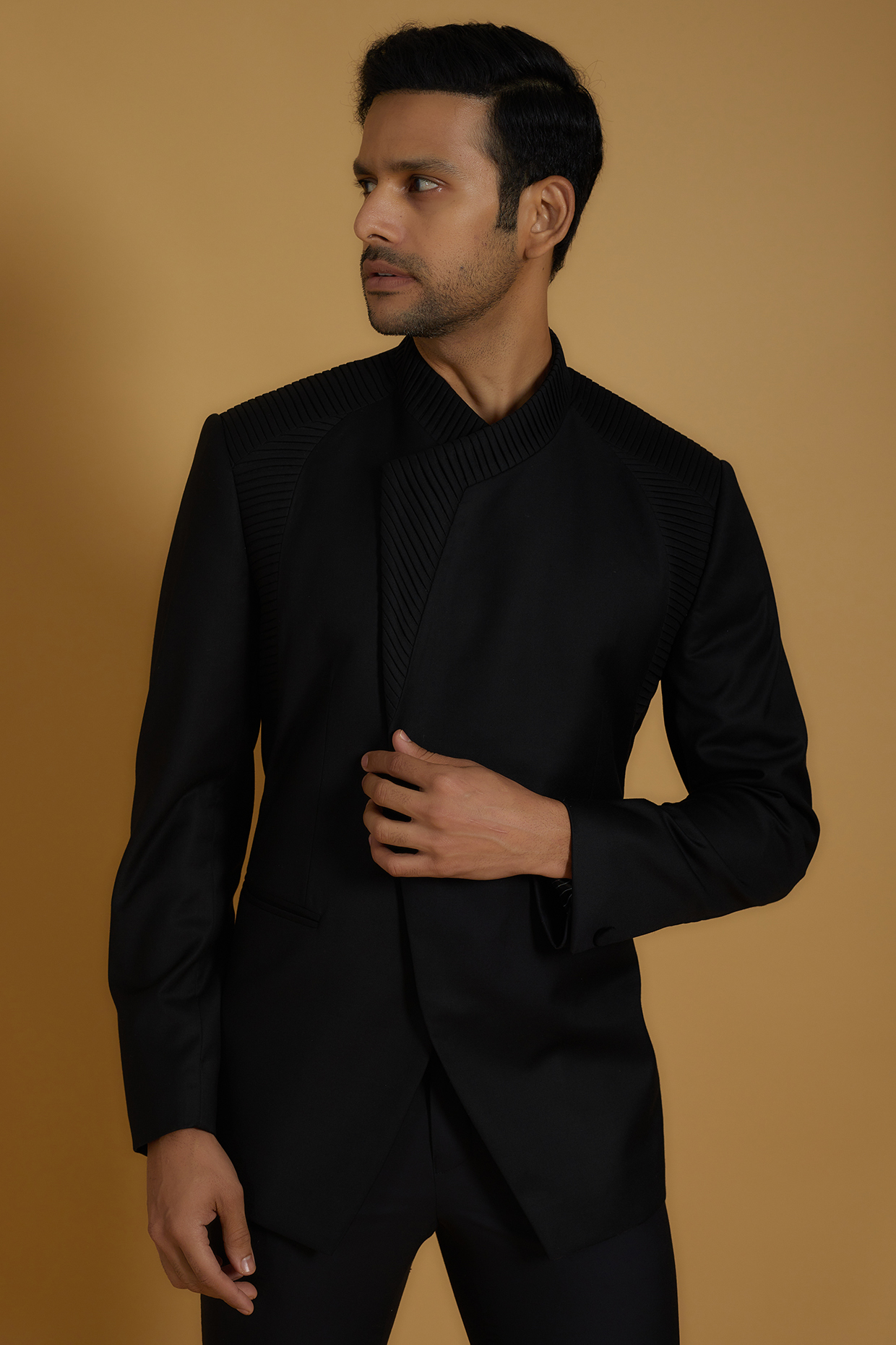 Black Merino Wool Pleated Wedding Bandhgala Jacket by The Man Project at Pernia's Pop Up Shop