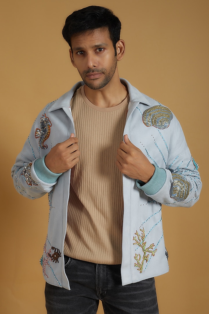 Powder Blue Suede Hand Embroidered Jacket by The Man Project
