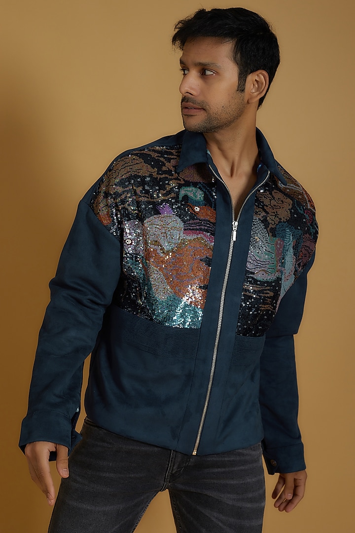 Navy Blue Suede Hand Embroidered Jacket by The Man Project