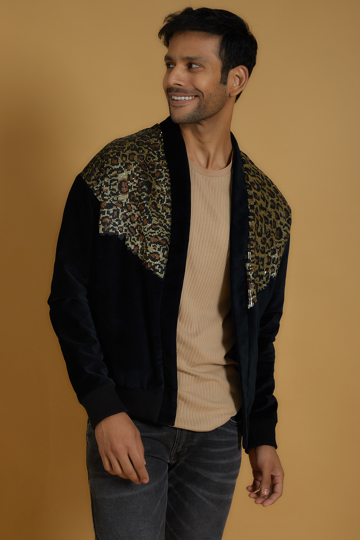 Black Suede Leopard Printed Jacket by The Man Project