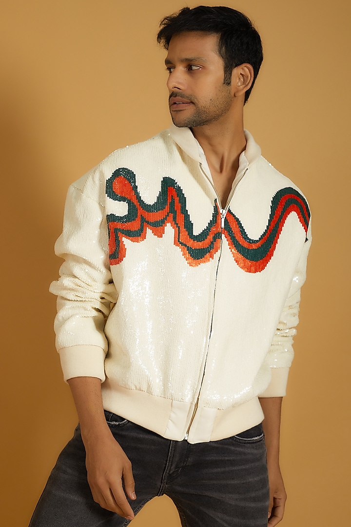 Ivory Suede Sequins Embellished Jacket by The Man Project