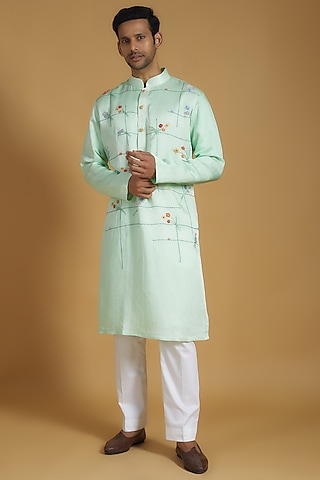 Mint Green Linen Silk Hand Embroidered Kurta Set by The Man Project
