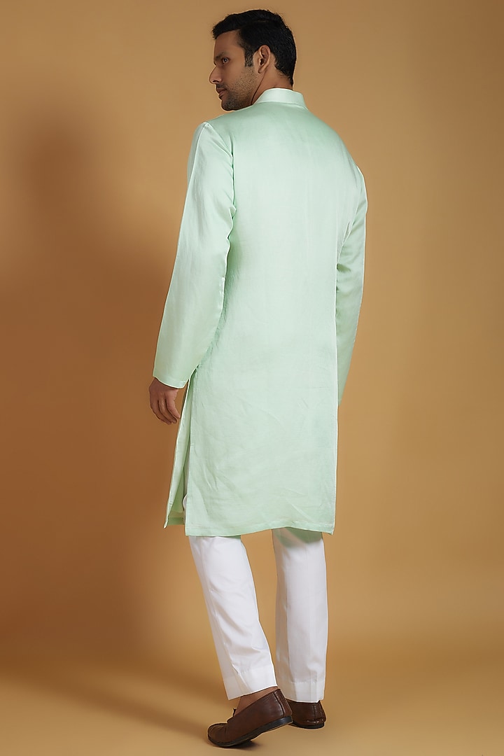 Mint Green Linen Silk Hand Embroidered Kurta Set by The Man Project at Pernia's Pop Up Shop