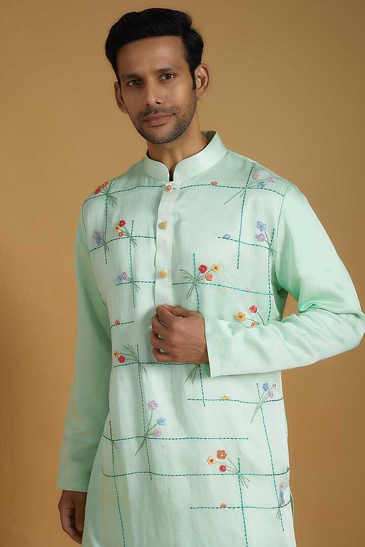 Mint Green Linen Silk Hand Embroidered Kurta Set by The Man Project at Pernia's Pop Up Shop