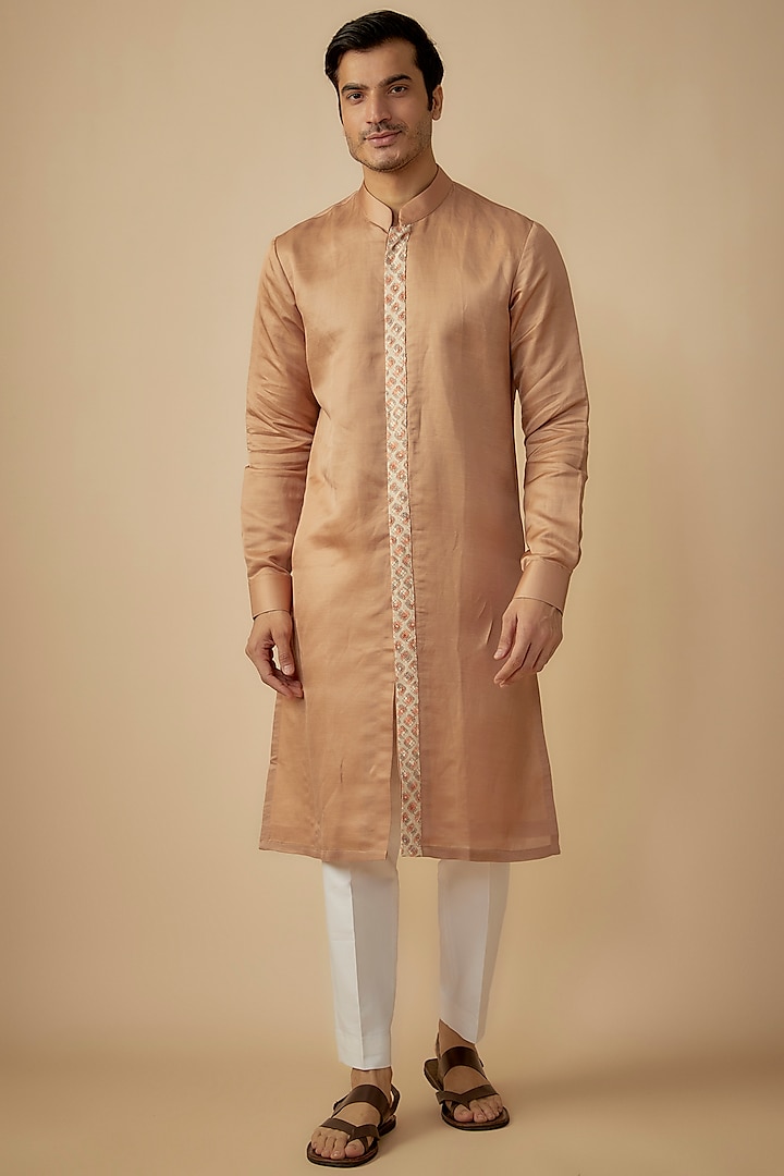 Peach Linen Silk Thread Work Kurta Set by The Man Project at Pernia's Pop Up Shop