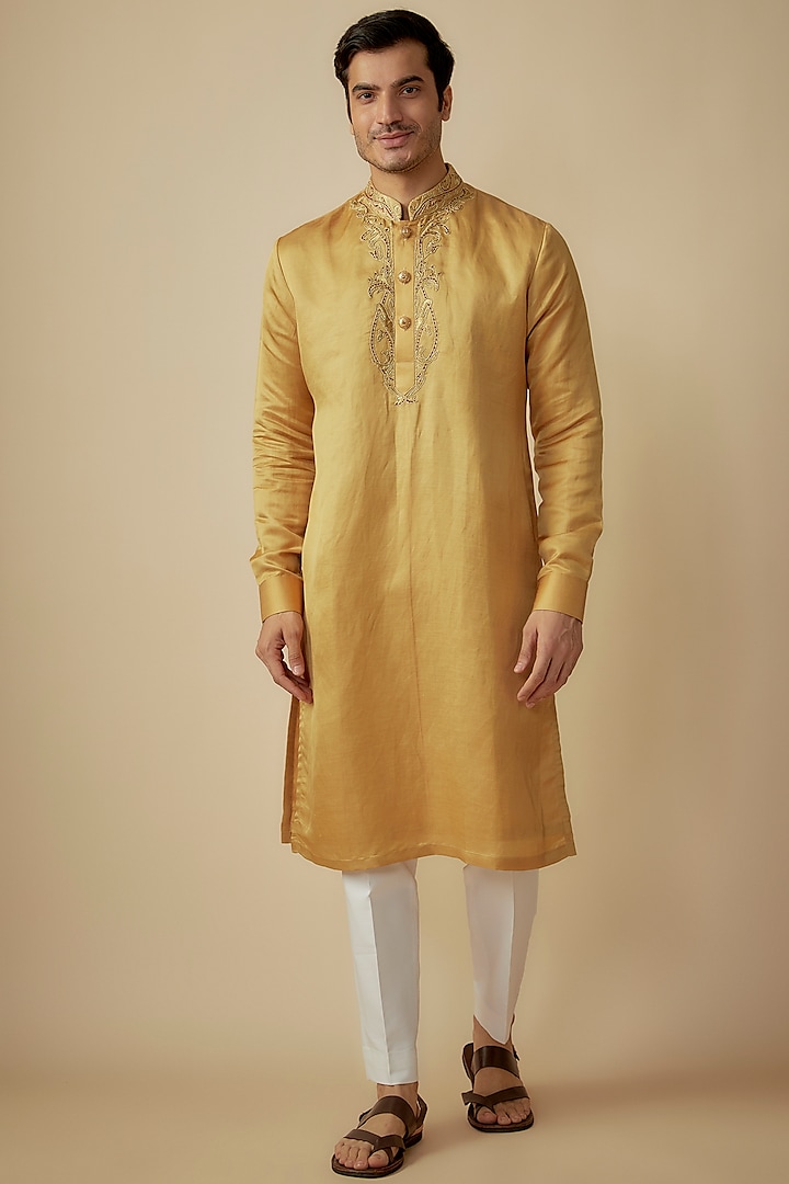 Gold Linen Silk Zari Work Kurta Set by The Man Project