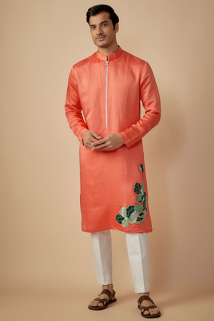 Peach Linen Silk Floral Thread Work Kurta Set by The Man Project