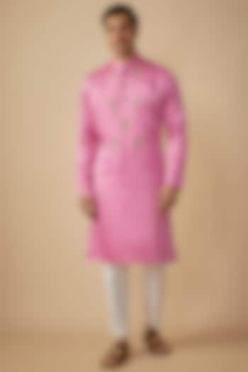 Pink Linen Silk Motif & Cutdana Work Kurta Set by The Man Project at Pernia's Pop Up Shop