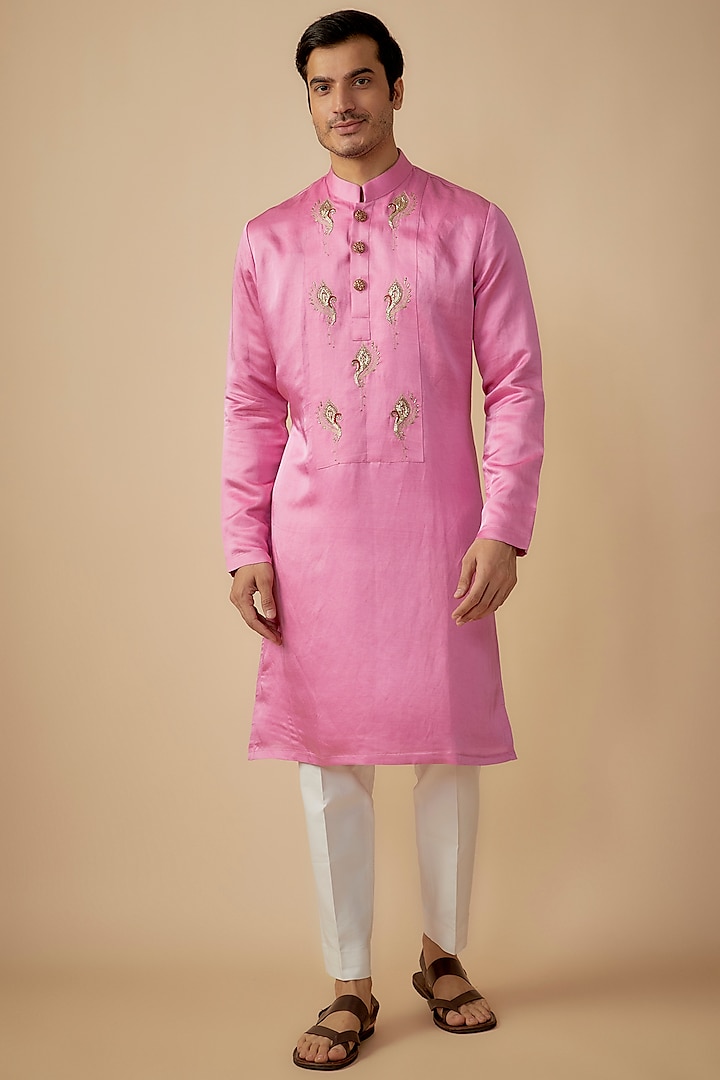 Pink Linen Silk Motif & Cutdana Work Kurta Set by The Man Project at Pernia's Pop Up Shop