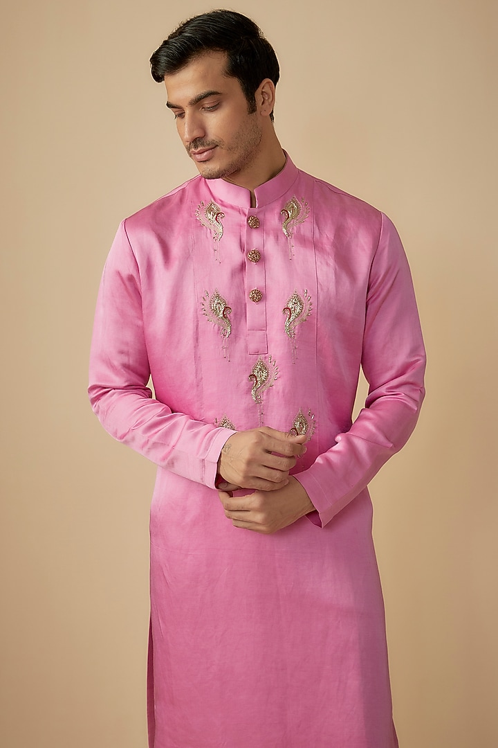 Pink Linen Silk Motif & Cutdana Work Kurta Set by The Man Project at Pernia's Pop Up Shop