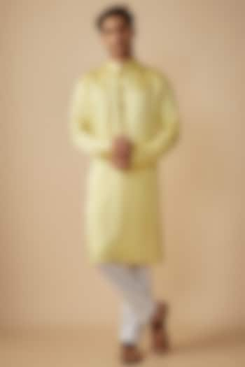 Yellow Linen Silk Bead Work Kurta Set by The Man Project