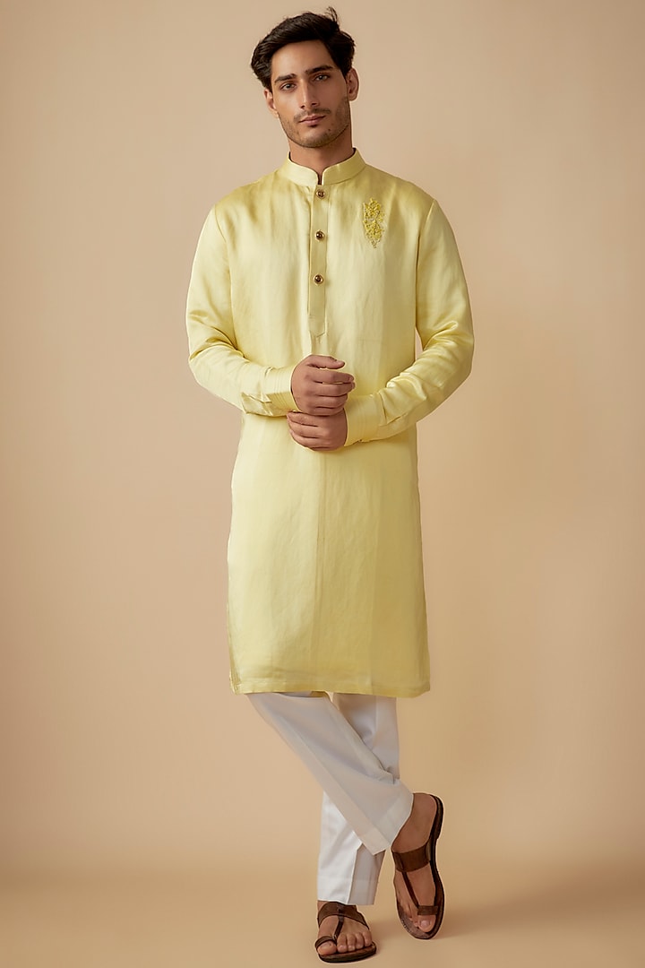 Yellow Linen Silk Bead Work Kurta Set by The Man Project