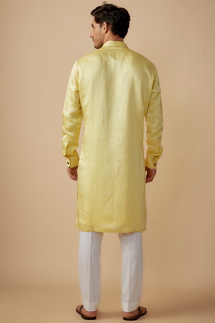 Yellow Linen Silk Bead Work Kurta Set by The Man Project at Pernia's Pop Up Shop