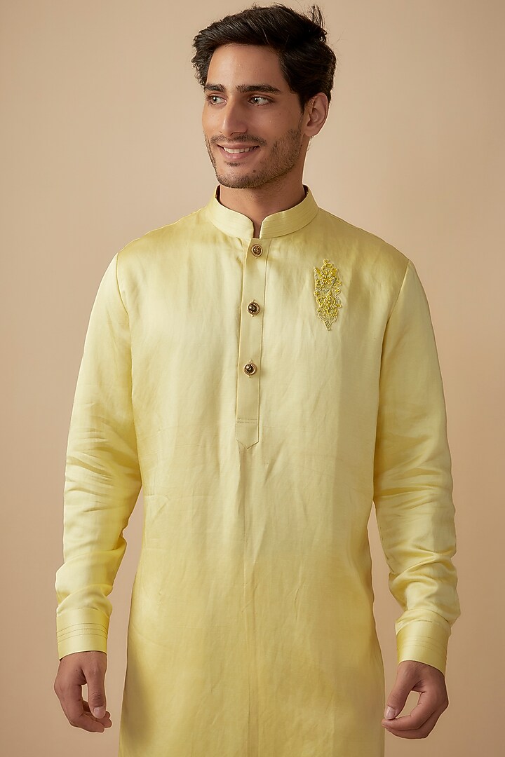 Yellow Linen Silk Bead Work Kurta Set by The Man Project at Pernia's Pop Up Shop