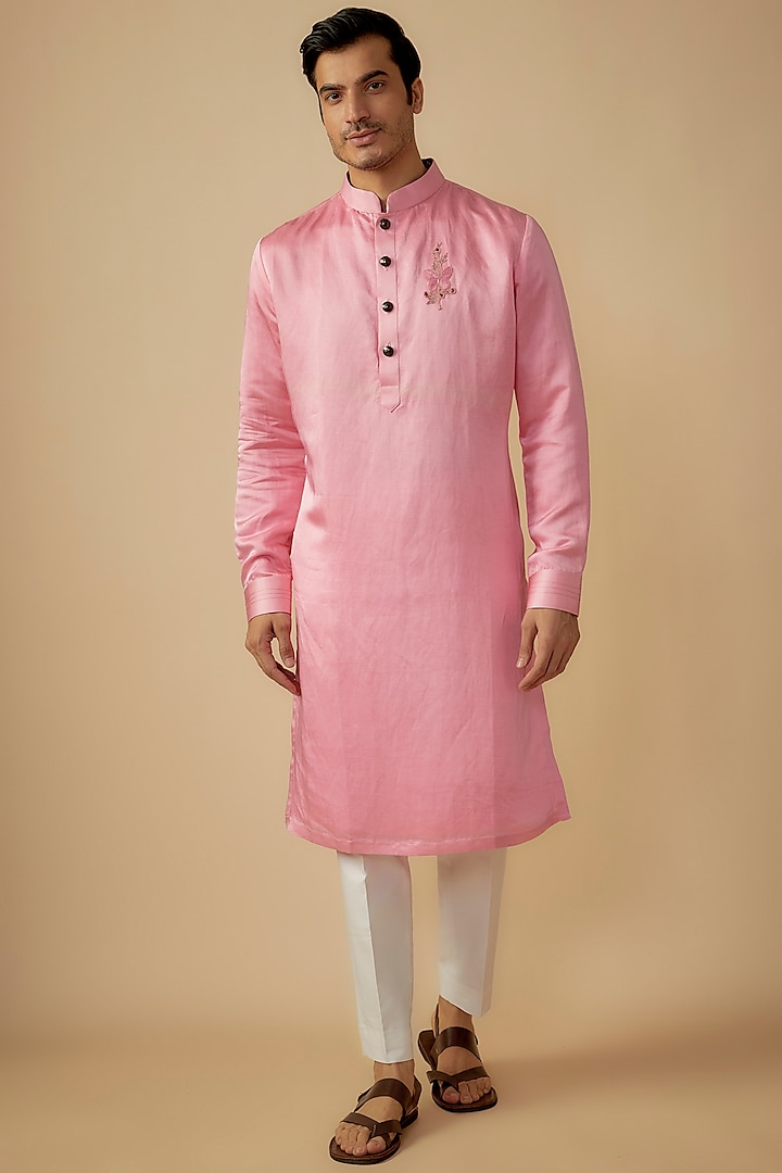 Pink Linen Silk Bead Work Kurta Set by The Man Project